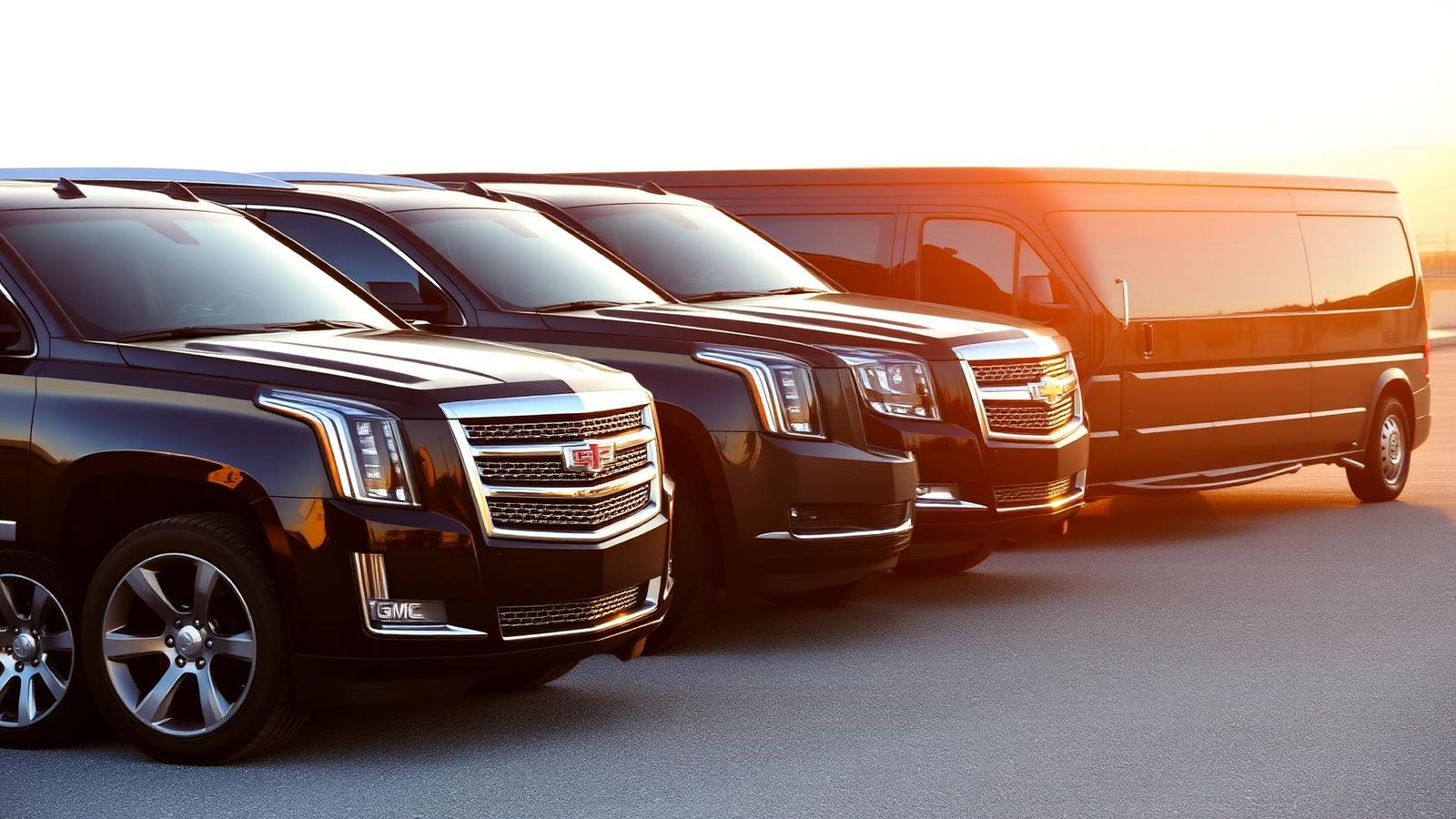 Luxury black SUV and Sprinter van fleet lined up for Orlando private chauffeur transportation