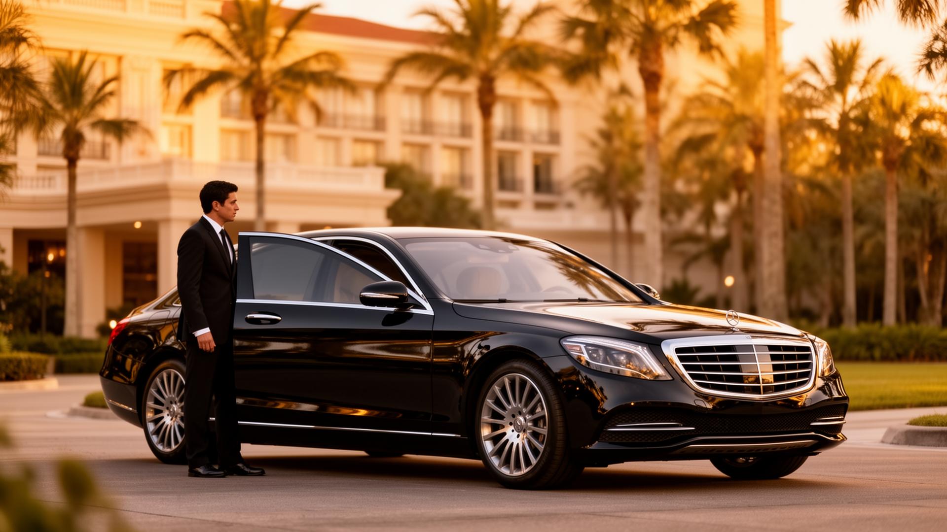 Black Mercedes S-Class luxury chauffeur car parked at an Orlando resort at golden hour